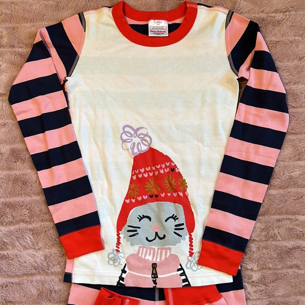 NWOT Hanna Andersson girls’ pajamas, size 150 (12), pink and blue w/ cat - Picture 2 of 10